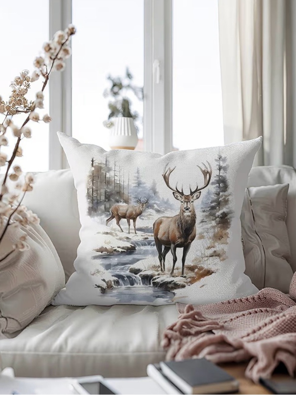 Rustic Deer Print Throw Pillow - White